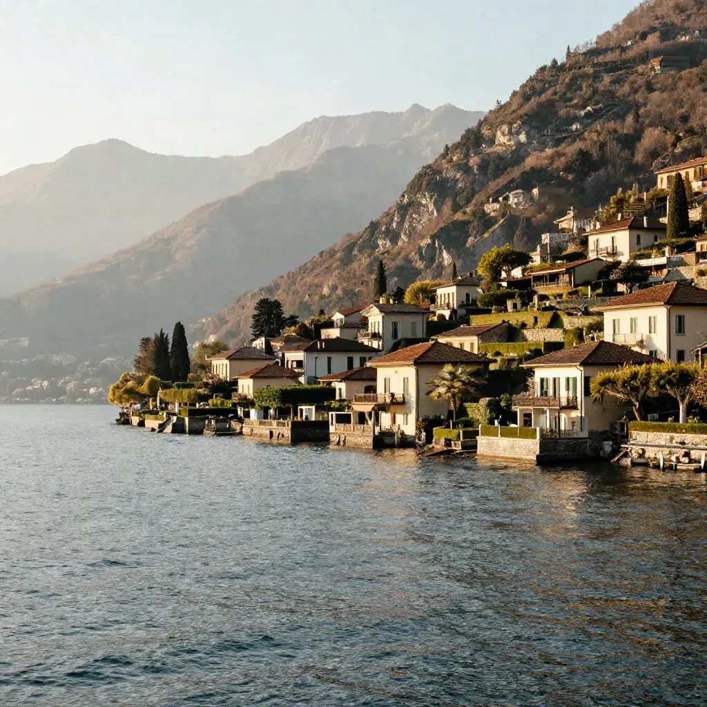 Costa del Lago di Como all’alba, borgo quieto e montagne nella foschia dorata