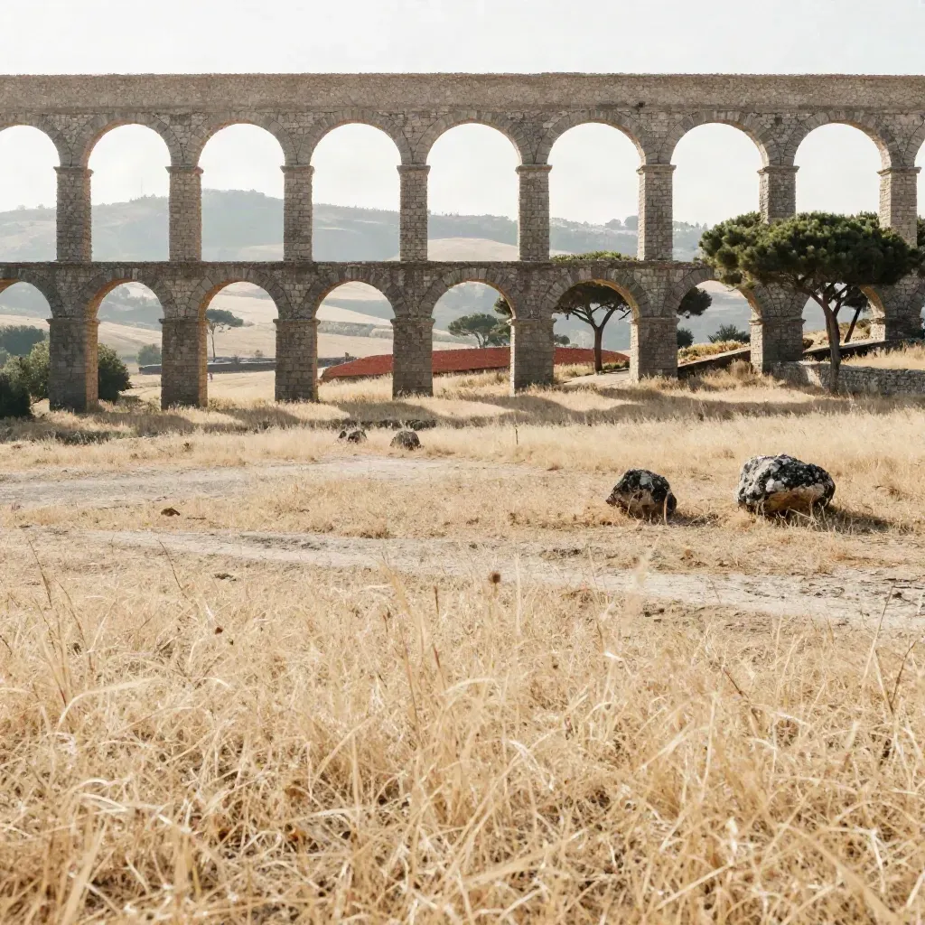 Acquedotto romano tra campi secchi e pini marittimi nel Lazio