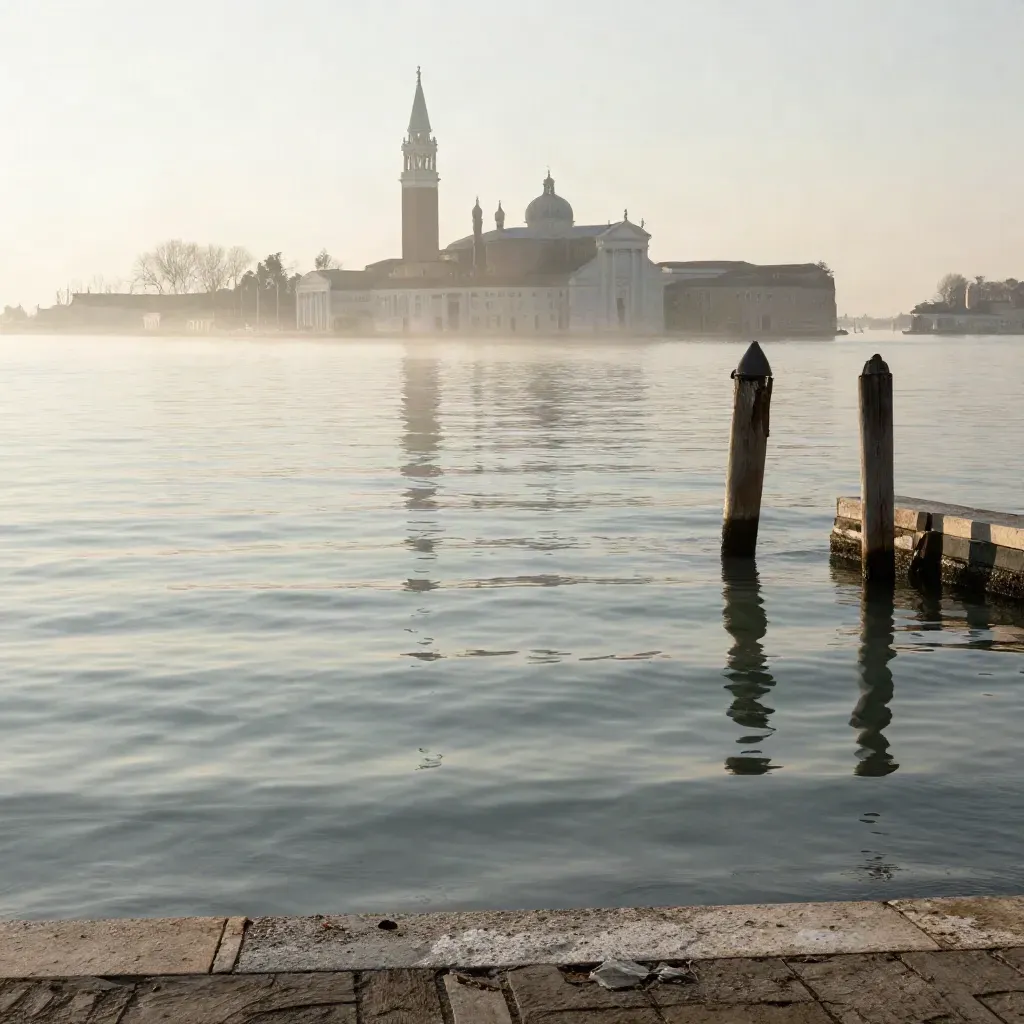 Laguna veneta all’alba con chiesa lontana e acqua specchiante nella nebbia salmastra.